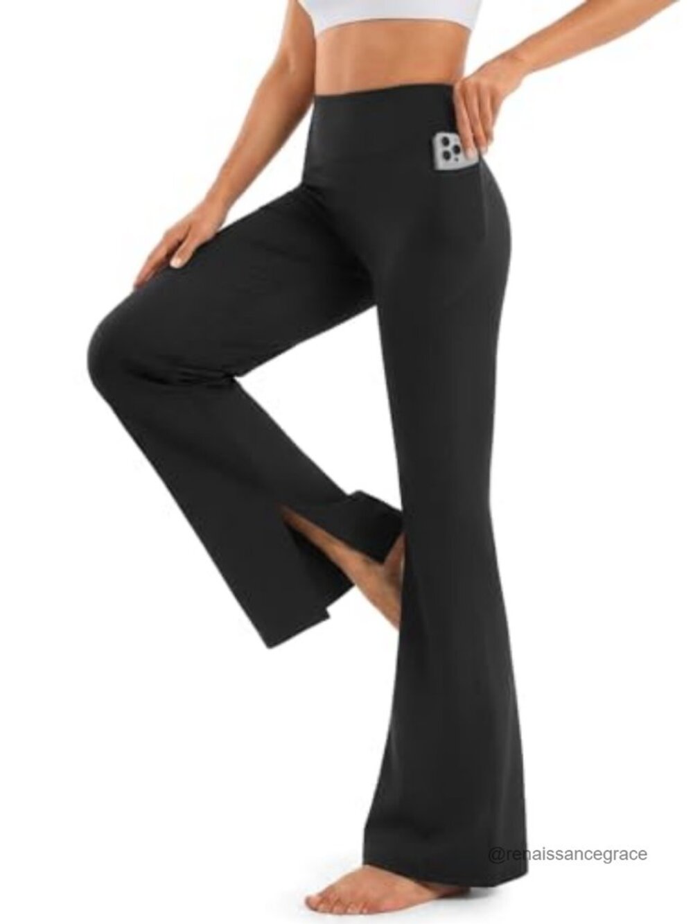 Split Hem Flare Leggings High Waist Pockets Yoga Pants Stretch Nylon